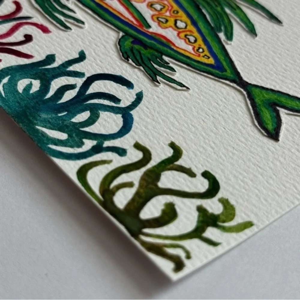 Tropic Tides Original Mixed Media Cutout Fish & Watercolor Reef by Kyla H 5x7” - Picture 4 of 7